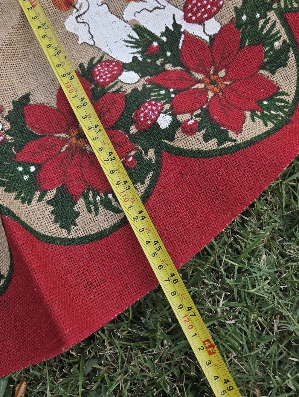 Swedish Burlap Christmas Tree Skirt jute Round Poinsettia mushrooms Vintage flaw